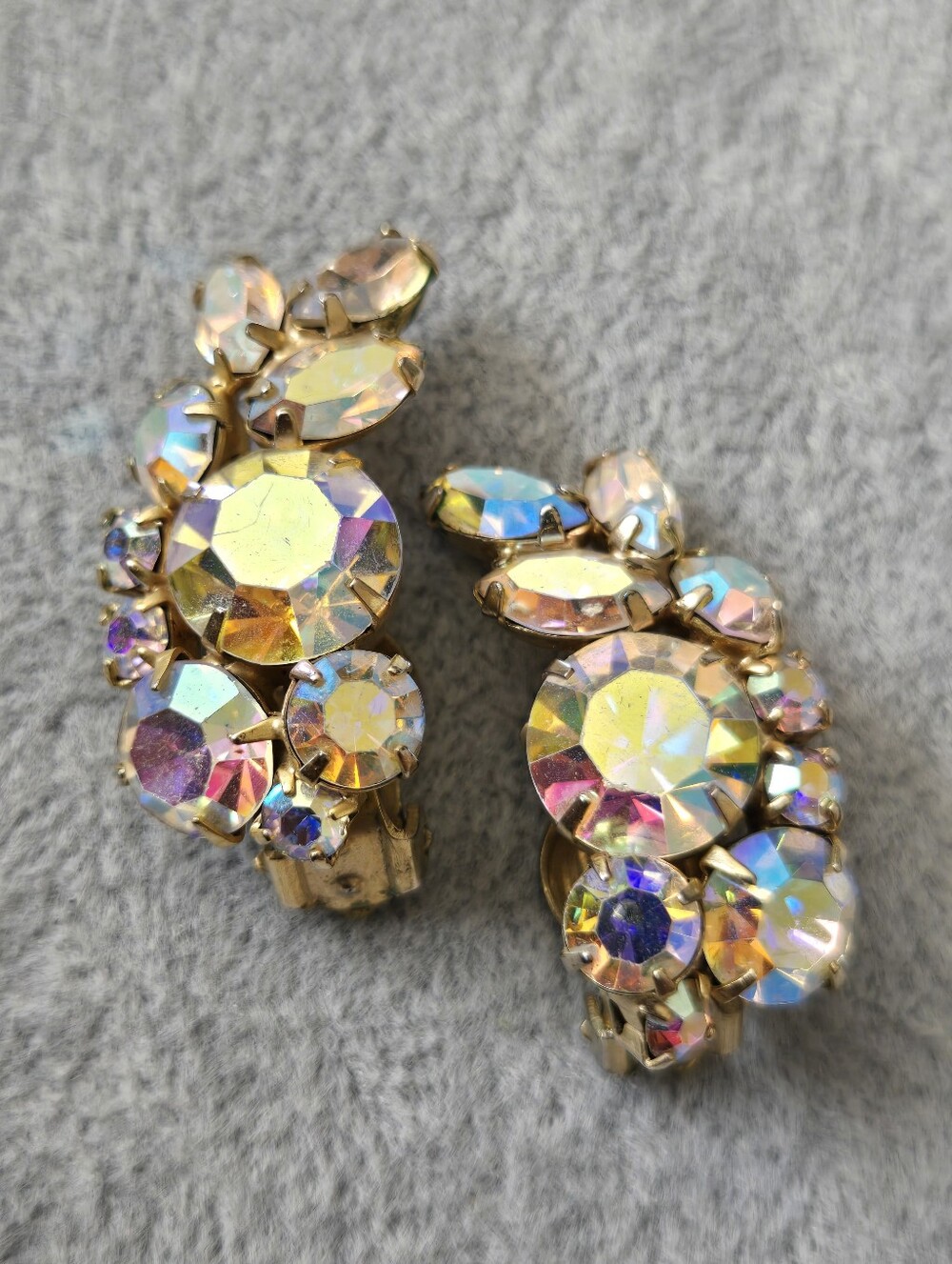 Ab Rhinestone Clipon Cluster Earring Vintage Goldtone Sparkle